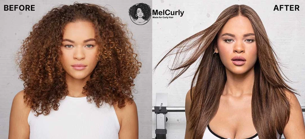 محصولات مراقبت از موی فر کنتو Cantu عکس یک دختر جوان با پوست برنزه که در راست تصویر موهای صاف و لختی دارد و در راست تصویر موهای او با استفاده از محصولات فر کننده فر شده است